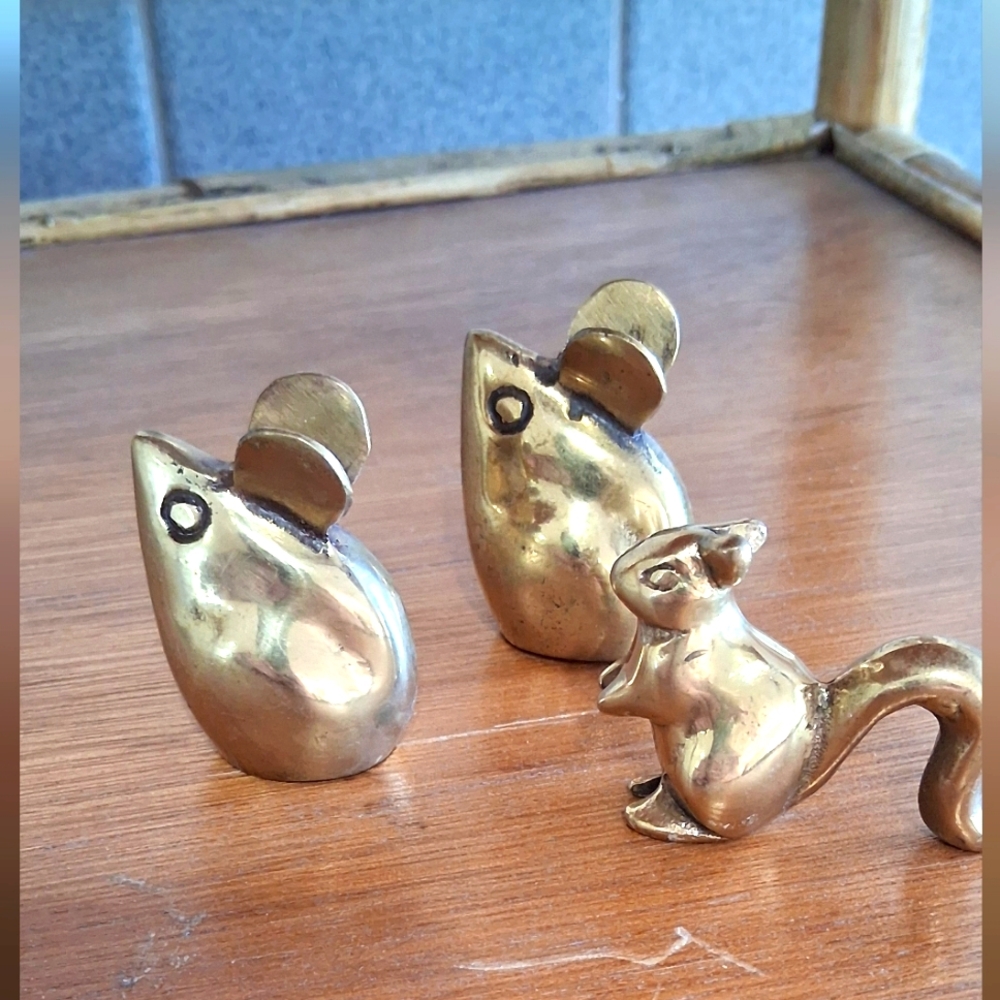 Vintage Brass Mid Century Small 2 Mice And A squirrel Figurines